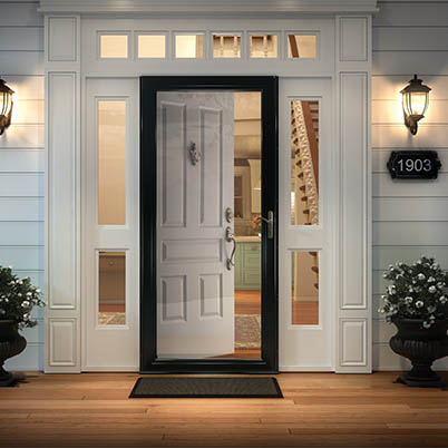 Andersen 8 Series Fullview Interchangeable Storm Door in Black with Nickel hardware
Home Depot 3000 Series Contemporary Fullview Storm Door in Black with Nickel hardware